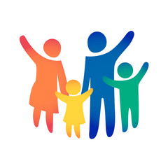 Happy family icon multicolored in simple figures. Two children, dad and mom stand together. Vector can be used as logotype