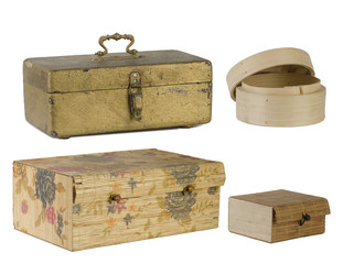 group of vintage wooden boxes isolated on white background