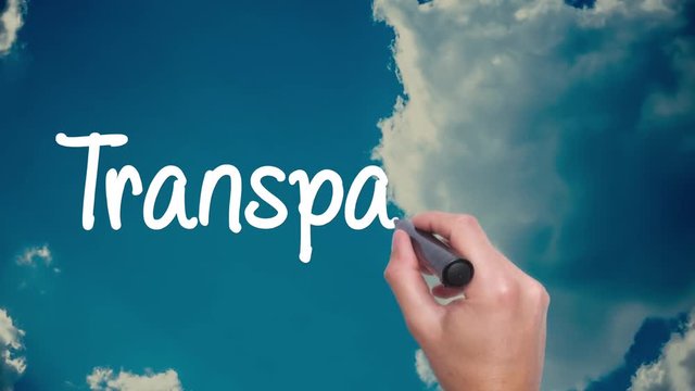 Transparency - concept with hand writing on the sky. Man writing. Blue sky with clouds time lapse.Words red circled. Business, technology, internet concept. Film look. 4k