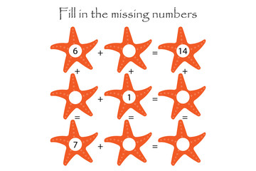 Mathematics game with starfish for children, fill in the missing numbers, easy level, education game for kids, school worksheet activity, task for development of logical thinking, vector illustration - 215341803