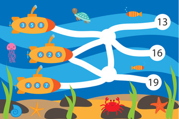Maths game for children, lead submarines through labyrinth to correct numbers, education maze game for kids, school worksheet activity, task for development of logical thinking, vector illustration