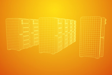 Hardware equipment telecommunication server. Data center storage room object. Computer database tower. Internet industry cluster. Wireframe low poly mesh vector illustration