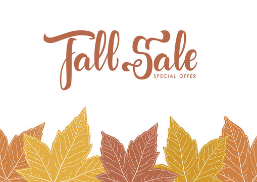 Vector illustration: Handwritten lettering of Fall Sale on hand drawn autumn leaves background.