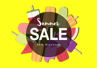 Summer sale banner with ice cream or popsicles as the background. Vector illustration.