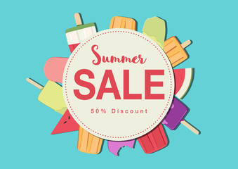 Summer sale banner with ice cream or popsicles as the background. Vector illustration.