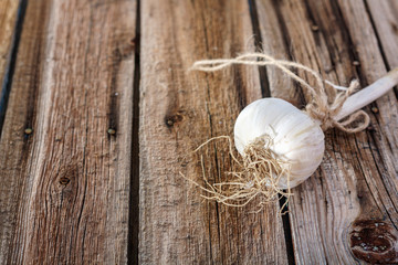 Bundles of fresh garlic dried on vintage wooden table