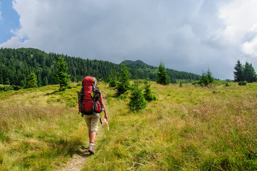 girl with a big backpack rises to the mountains. Carpathians Marmaros Ukraine