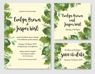 Floral cute vector watercolor set. Template of wedding invitation, postcard, menu, banner. Leaves of gerbera, roses and eucalyptus branches, waxflowers