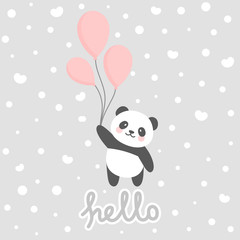 Cute Panda vector print, baby shower card. panda with hello write cartoon illustration,  greeting card, kids cards for birthday poster or banner, cartoon invitation