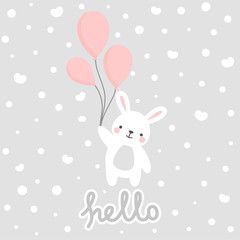 Happy Easter Cute Rabbit Character Vector Design, greeting card, bunny with scarf, winter theme greeting card, poster, with cute, sweet hand drawn watercolor background