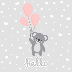 Naklejka premium Drukuj wektor Koala, karta baby shower. cześć koala z ilustracją kreskówki balonu, kartką z życzeniami, kartkami dla dzieci na plakat lub baner urodzinowy, zaproszenie z kreskówek