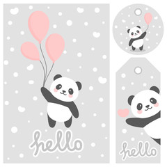Naklejka premium Panda vector print, baby shower card. witaj panda z ilustracją kreskówki balonu, kartką z życzeniami, kartkami dla dzieci na plakat lub baner urodzinowy, zaproszenie z kreskówek