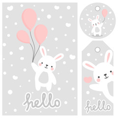Obraz premium Rabbit vector print, baby shower card. witaj króliczku z ilustracją kreskówki balonu, kartką z życzeniami, kartkami dla dzieci na plakat lub baner urodzinowy, zaproszenie z kreskówek