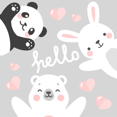 Panda Rabbit and Teddy Bear vector print, love write with flying heart cartoon illustration, baby shower card, greeting or valentine card, kids cards for birthday poster or banner