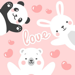 Panda Rabbit and Teddy Bear vector print, love write with flying heart cartoon illustration, baby shower card, greeting or valentine card, kids cards for birthday poster or banner