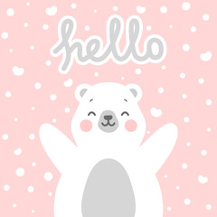 Cute bear vector print, baby shower card. teddy with heart snow cartoon illustration,  greeting card, kids cards for birthday poster or banner, cartoon invitation