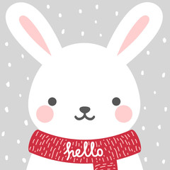 Rabbit vector print, baby shower card. hello bunny with balloon cartoon illustration,  greeting card, kids cards for birthday poster or banner, cartoon invitation