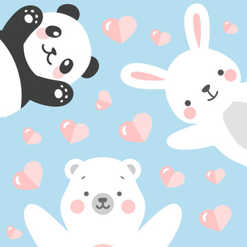 Panda Rabbit and Teddy Bear vector print, love write with flying heart cartoon illustration, baby shower card, greeting or valentine card, kids cards for birthday poster or banner
