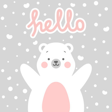 Cute bear vector print, baby shower card. teddy with heart snow cartoon illustration,  greeting card, kids cards for birthday poster or banner, cartoon invitation