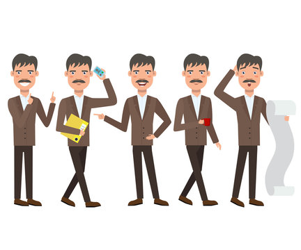 Businessman with mustache character set with different poses, emotions, gestures. Paperwork, calling on phone, drinking coffee. Can be used for topics like office, manager, white collar worker