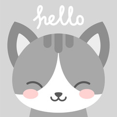 Hello Cute Cat Character Vector Design, greeting card, invitation with cat, greeting card, poster, with cute, sweet hand drawn watercolor background