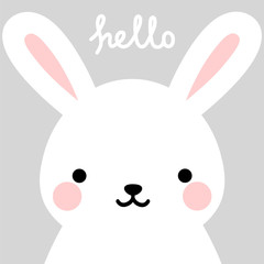 Rabbit vector print, baby shower card. hello bunny with balloon cartoon illustration,  greeting card, kids cards for birthday poster or banner, cartoon invitation