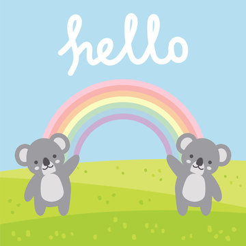 Koala vector print, baby shower card. hello koala with balloon cartoon illustration, greeting card, kids cards for birthday poster or banner, cartoon invitation © Gabriel Onat