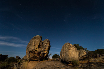 Night landscape with moonlight in the Barruecos Natural Area. Extremadura. Spain.