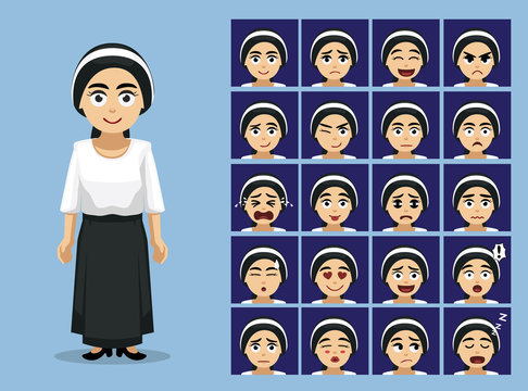 Religion Orthodox Jew Lady Cartoon Emotion Faces Vector Illustration