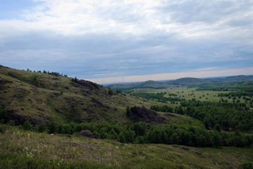 Scenic landscape of South Ural mountains near Kryiktyitau range, Bashkiria, Russia