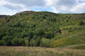 Fototapeta na wymiar Scenic landscape of South Ural mountains near Kryiktyitau range, Bashkiria, Russia