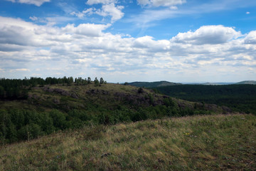 Scenic landscape of South Ural mountains near Kryiktyitau range, Bashkiria, Russia