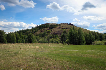 Fototapeta premium Scenic landscape of South Ural mountains near Kryiktyitau range, Bashkiria, Russia