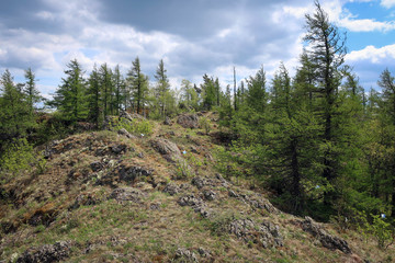 Obraz premium Scenic landscape of South Ural mountains near Kryiktyitau range, Bashkiria, Russia