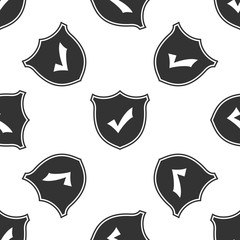 Shield with check mark icon seamless pattern on white background. Flat design. Vector Illustration