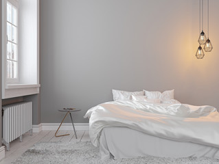 Scandinavin loft gray empty bedroom interior with bed, table and lamp.