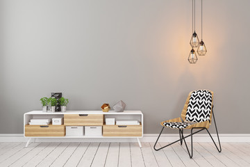 Classic scandinavian gray empty room interior with dresser, chair, loft lamp and plants.