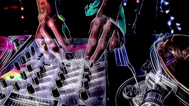 studio shoot of a cool male dj behind the turntables with abstract paint style overlay