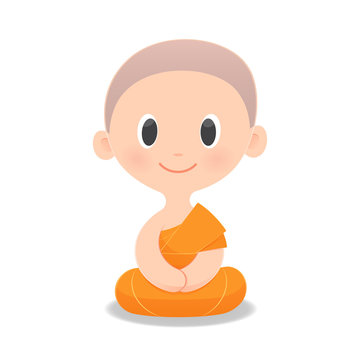 Cartoon Buddhist Monk Of Southeast Asia. Meditation, Isolate on white background, Vector illustration.