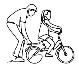 Caring dad teaching daughter to ride bike for the first time. Father man helping girl kid riding bicycle. Continuous line drawing. Isolated on the white background. Vector monochrome, drawing by lines