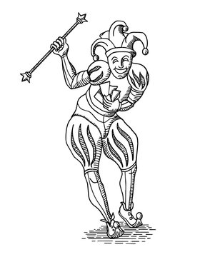 Black outline Joker with staff in old engraving style on white
