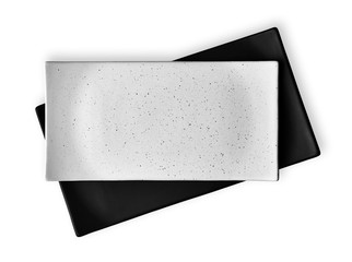 Empty rectangular plates, White and black ceramics plates, View from above isolated on white...