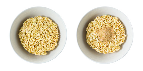Bowl of Instant Noodles with Seasoning Powder on White
