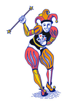 Bright colorful joker with staff in old engraving style on white
