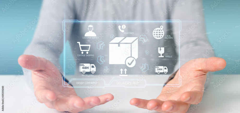 Poster businessman holding a logistic delivery application screen 3d rendering