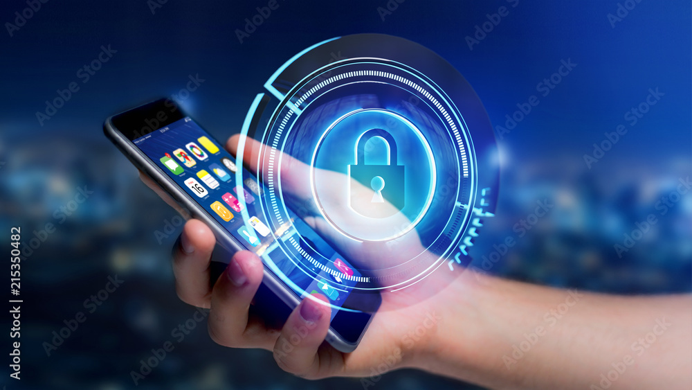 Poster businessman using a smartphone with a shinny technologic locker security button - 3d render