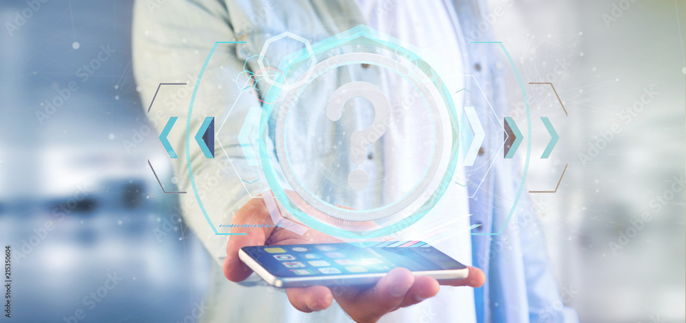 Poster man holding a technology question mark icon on a circle 3d rendering