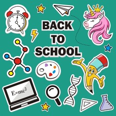 Back to school text drawing by colorful chalk in blackboard with school items and elements