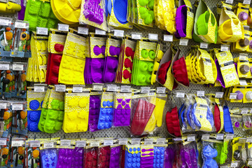 TOLYATTI, RUSSIA, JULY 08, 2018: Store stand with colorful silicone baking equipment.