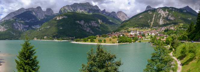 Village and lake Molveno in western Trentino Alto Adige, Italy